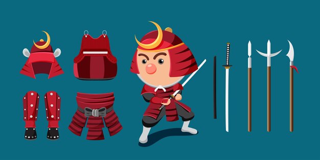 Hombre joven en varios trajes de luchador con arma en estilo de dibujos animados para ilustración de vector de diseñador gráfico