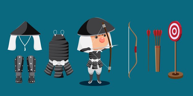 Hombre joven en varios trajes de luchador con arma en estilo de dibujos animados para ilustración de vector de diseñador gráfico