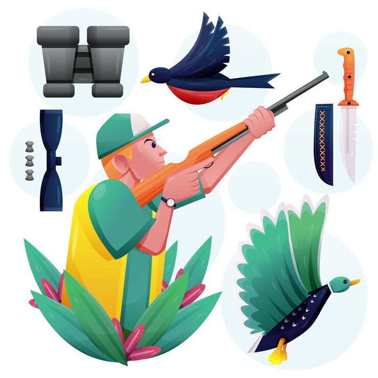 Hombre joven con vector de dibujos animados de equipo de caza de pato