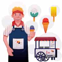 Vector gratuito hombre joven vendedor con carrito de helados en vector de dibujo de dibujos animados