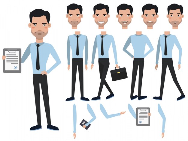 Hombre con juego de caracteres contratado con diferentes poses, emociones.