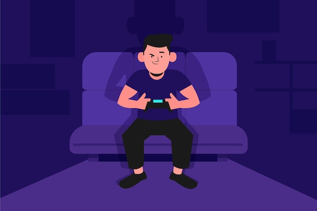 Vector gratuito hombre jugando videojuegos en sofá ilustración