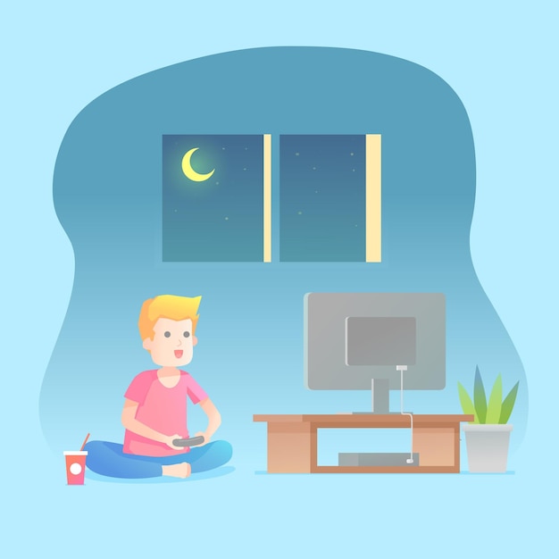 Hombre jugando videojuegos en el sofá por la noche