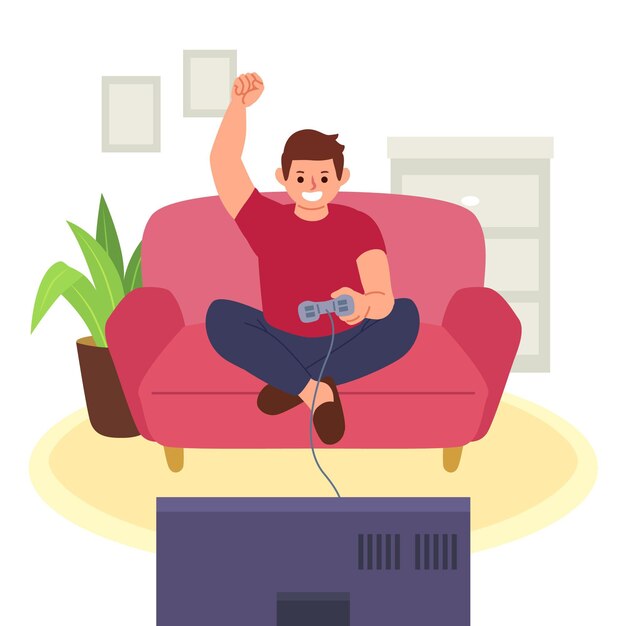 Hombre jugando videojuegos en el sofá