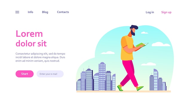 Vector gratuito hombre leyendo el libro mientras camina en la ciudad. estudiante haciendo la tarea en marcha. estudio, educación, concepto de lector para el diseño de sitios web o páginas web de destino