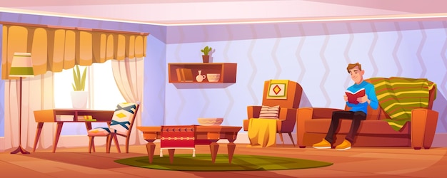 Vector gratuito hombre leyendo libro de sofá en casa sala de estar vector fondo bohemio salón interior con mesa silla sofá y alfombra dentro retro plano con ilustración gráfica de personaje masculino