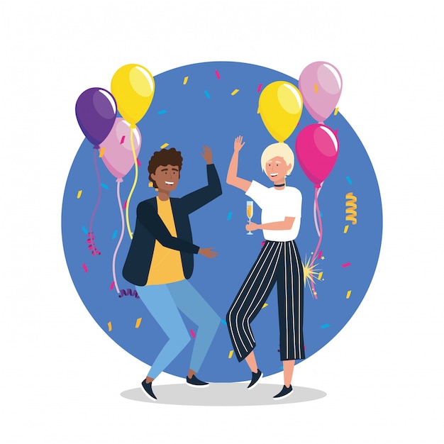 Vector gratuito hombre lindo y mujer bailando con globos y confeti