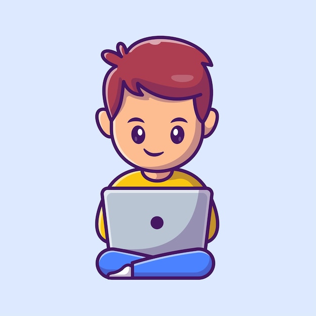 Hombre lindo que trabaja en la computadora portátil Dibujos animados Vector Icono Ilustración Personas Tecnología Icono Concepto aislado