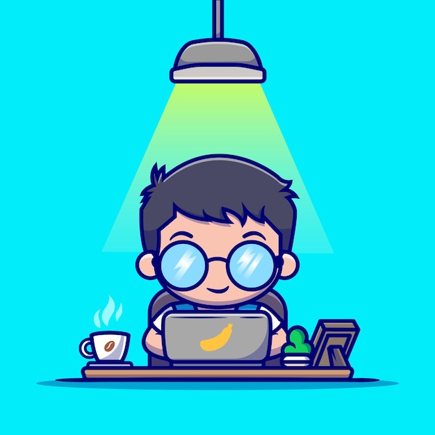 Vector gratuito hombre lindo que trabaja en la computadora portátil con la ilustración del icono del vector de la historieta del café. concepto de icono de tecnología de personas aislado vector premium. estilo de dibujos animados plana