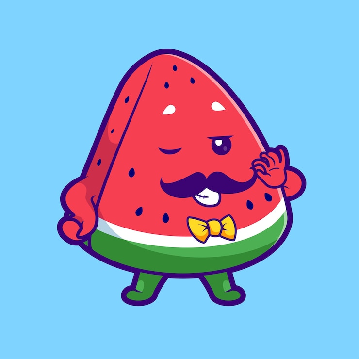 Vector gratuito hombre lindo sandía con bigote icono vectorial de dibujos animados ilustración objeto de comida aislado plano