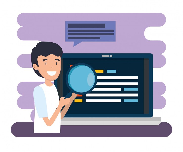 Vector gratuito hombre con lupa y la información del sitio web portátil