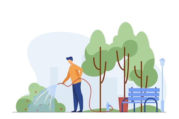 Vector gratuito hombre con manguera de riego arbusto en el parque de la ciudad. jardinero, trabajador estatal, ilustración de vector plano de servicio municipal. ecologización urbana, concepto de trabajo de paisajismo.