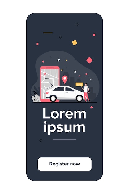 Hombre con mapa en coche de alquiler de smartphone. Conductor que usa la aplicación para compartir automóviles en el teléfono y busca el vehículo. Ilustración de vector de transporte, transporte, tráfico urbano, concepto de aplicación de ubicación