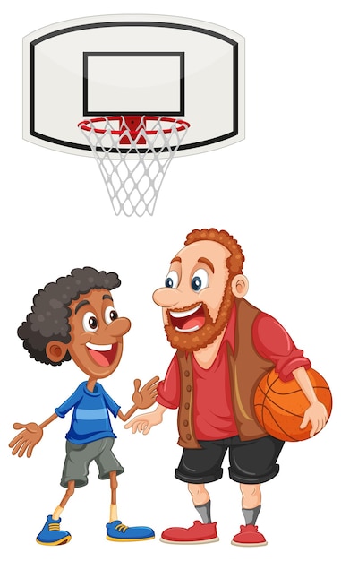 Vector gratuito hombre de mediana edad jugando baloncesto con un niño