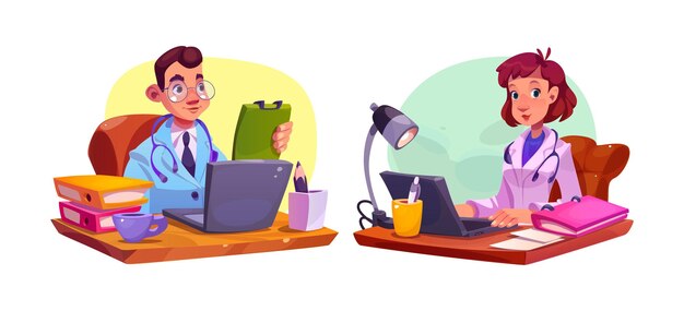 Hombre médico en el escritorio del hospital con el vector de la computadora