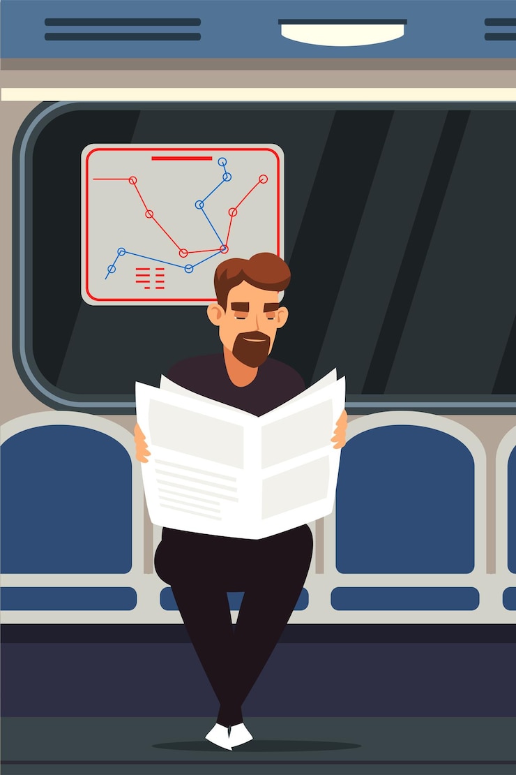 Vector gratuito hombre en un moderno tren subterráneo leyendo el periódico pasajero dentro de la cabina del metro en viaje chico sentado en el transporte público de la ciudad viajando en metro