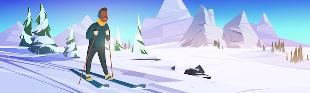 El hombre monta en esquí en la pendiente de nieve en las montañas. Dibujo de dibujos animados vectoriales del paisaje invernal con descenso nevado, árboles, rocas y esquiador negro con palos