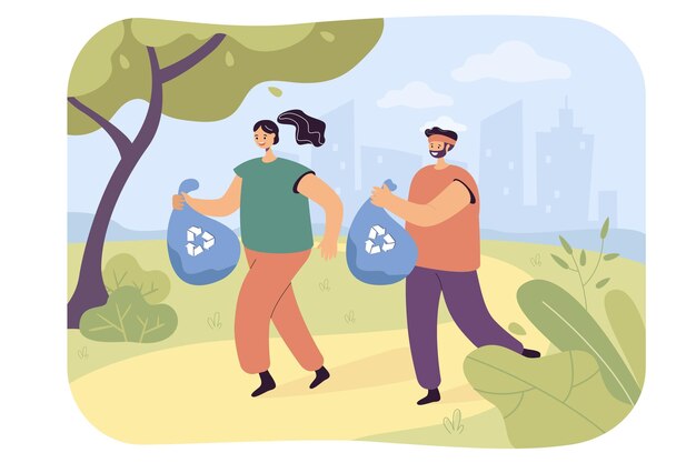 Hombre y mujer activos plogging con bolsas de basura en el parque. Gente corriendo y recogiendo basura, ilustración vectorial plana de la sociedad verde o ecológica. Plogging, ecología, concepto de medio ambiente para banner