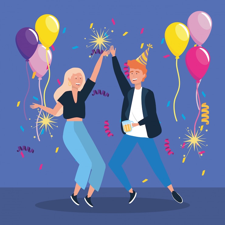 Vector gratuito hombre y mujer bailando con globos y bengalas con fuegos artificiales.