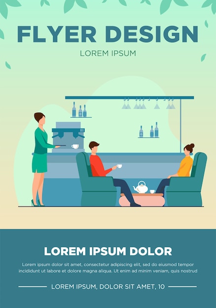 Hombre y mujer bebiendo té en la cafetería. Vidrio, sillón, taza plana ilustración vectorial. Concepto de ocio y estilo de vida urbano para banner, diseño de sitios web o página web de destino