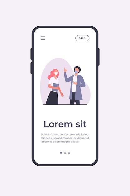 Hombre y mujer hablando y con máscaras. Protección, rostro, distancia ilustración vectorial plana. Concepto de pandemia y virus para banner, diseño de sitio web o página de destino