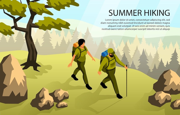 Vector gratuito hombre y mujer haciendo camping caminando en el bosque con mochilas ilustración isométrica horizontal 3d