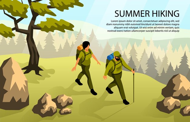 Hombre y mujer haciendo camping caminando en el bosque con mochilas ilustración isométrica horizontal 3d