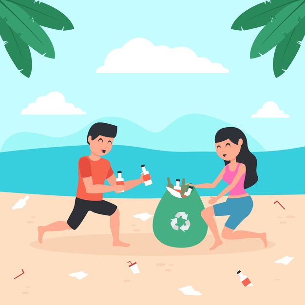 Hombre y mujer limpiando la playa ilustrada