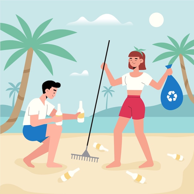 Hombre y mujer limpiando playa juntos