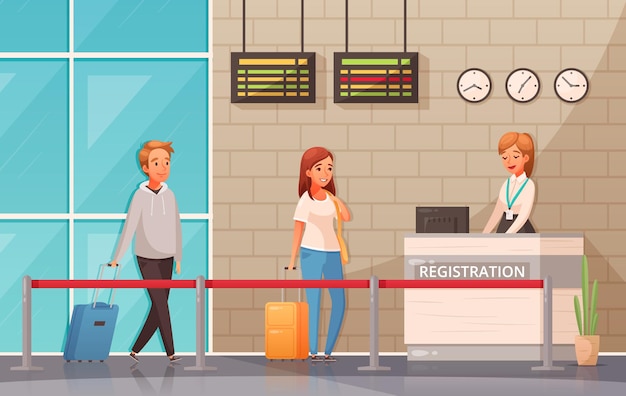 Hombre y mujer con maletas cerca del mostrador de registro en el aeropuerto