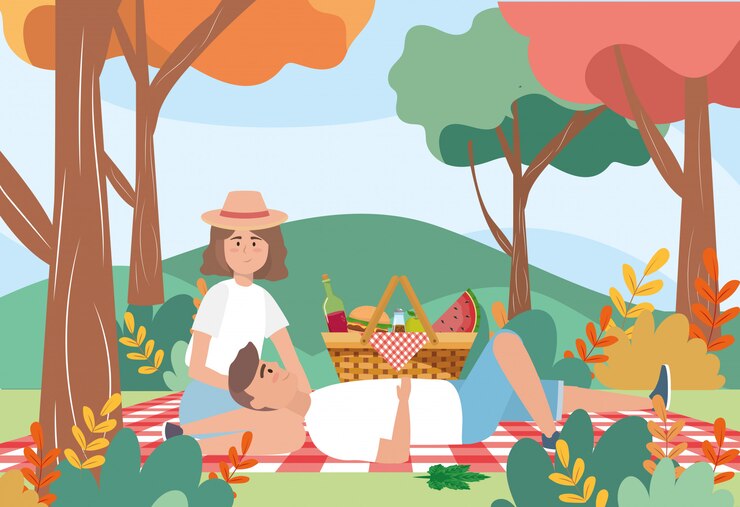 Vector gratuito hombre y mujer en el mantel con botella de vino.