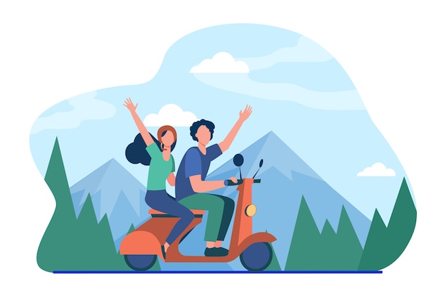 Vector gratuito hombre y mujer montando ciclomotor en las montañas.