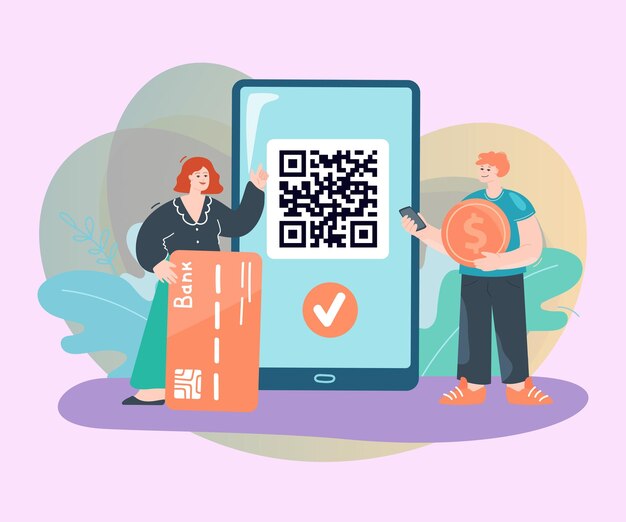 Hombre y mujer pagando por una compra usando un código QR
