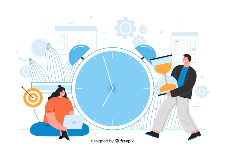 Vector gratuito hombre y mujer con página de inicio de pantalla de reloj grande