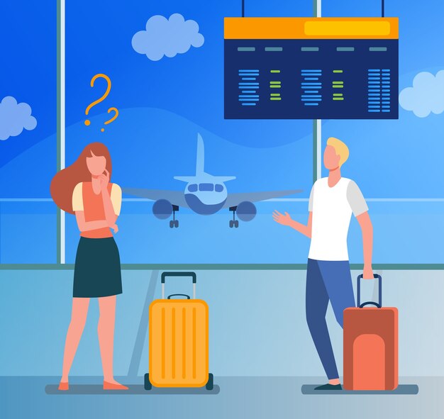 Hombre y mujer de pie en el aeropuerto y elegir la dirección.