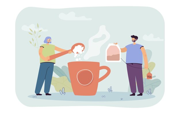 Hombre y mujer preparando una enorme taza de té. Ilustración plana