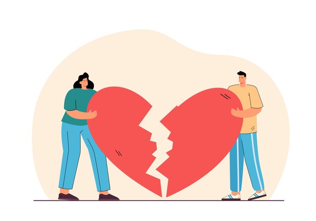 Hombre y mujer sosteniendo ilustración plana corazón roto