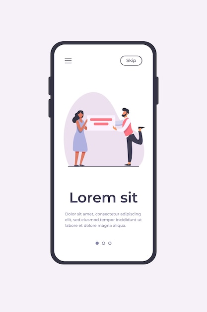 Hombre y mujer sosteniendo pancartas con texto. Bocadillo de diálogo, anuncio, ilustración de vector plano de información. Concepto de comunicación y publicidad para banner, diseño de sitios web o página web de destino.