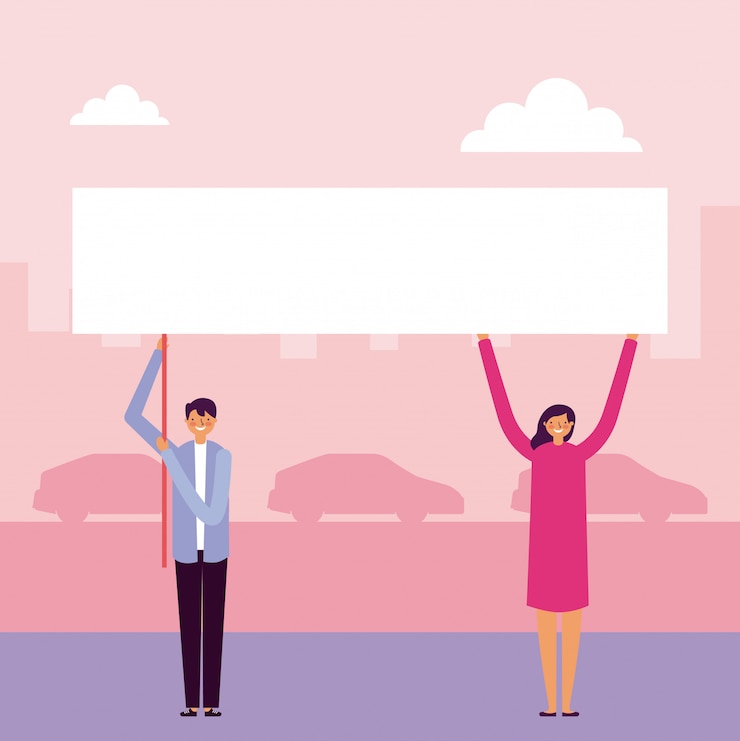 Vector gratuito hombre y mujer sosteniendo pancartas