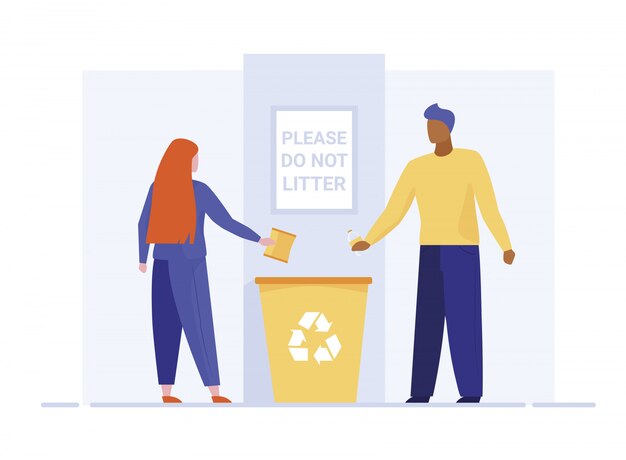 Hombre y mujer tirando basura en la papelera de reciclaje