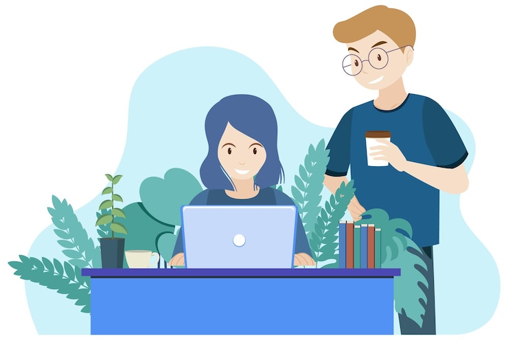 Vector gratuito hombre y mujer trabajando en computadora