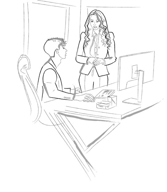 Hombre y mujer trabajando juntos en un proyecto Mentor de pasantías o colegas Artes de línea vectorial