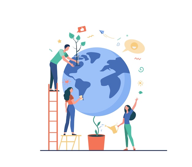 Hombre y mujeres que protegen la planta en el globo aislado ilustración vectorial plana. Gente de dibujos animados salvando la naturaleza de la tierra. Conservación mundial, ecociencia y medio ambiente