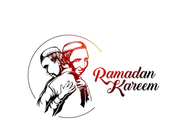 Hombre musulmán de Eid abrazándose y deseándose mutuamente en ocasiones con el texto de Ramadán Kareem