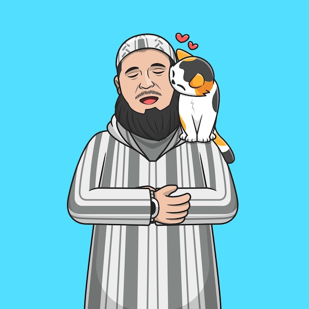 Vector gratuito hombre musulmán orando con gato cartoon vector icono ilustración personas religión icono concepto aislado