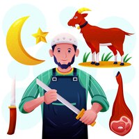 Vector gratuito hombre musulmán vendiendo carne de cabra en vector de dibujos animados