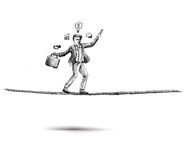 Hombre de negocios balanceándose en la cuerda y pensando caerse Ilustración de vector de boceto dibujado a mano