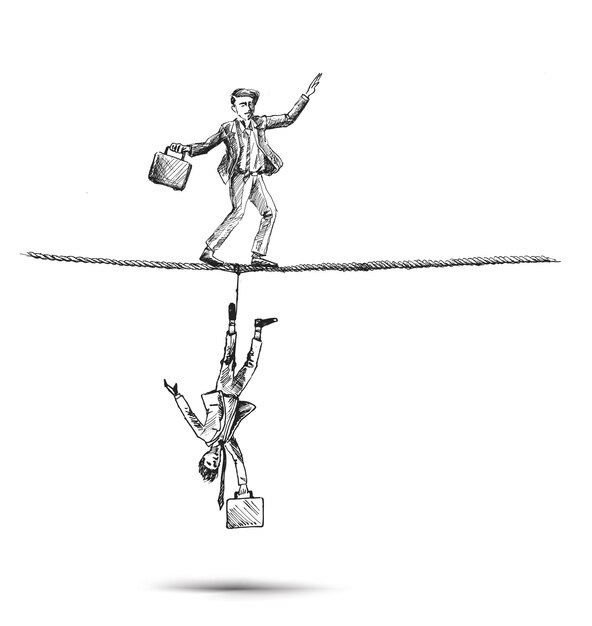 Hombre de negocios balanceándose en la cuerda y pensando caerse Ilustración de vector de boceto dibujado a mano