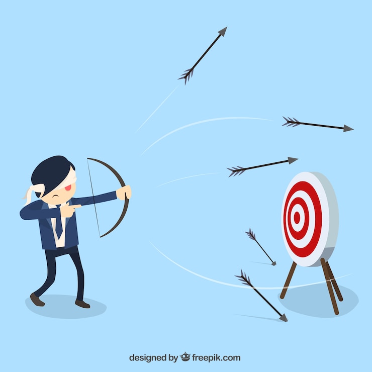 Vector gratuito hombre de negocios disparando flechas con los ojos vendados