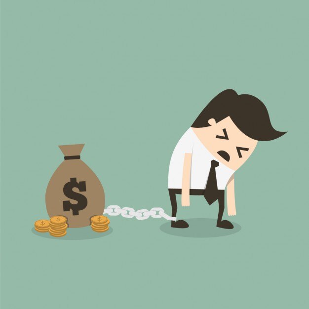 Hombre de negocios encadenado a una bolsa de dinero